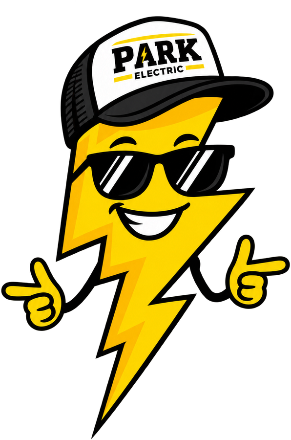Park Electric's lightning bolt mascot, wearing sunglasses and a Park Electric trucker hat, giving two thumbs up